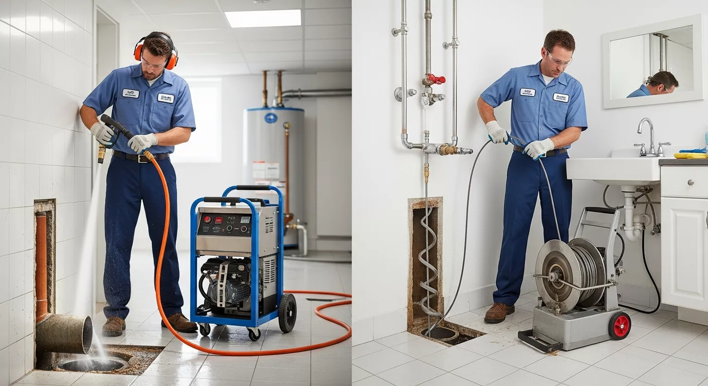 Professional comparison of hydro jetting vs traditional drain cleaning methods showing equipment and techniques