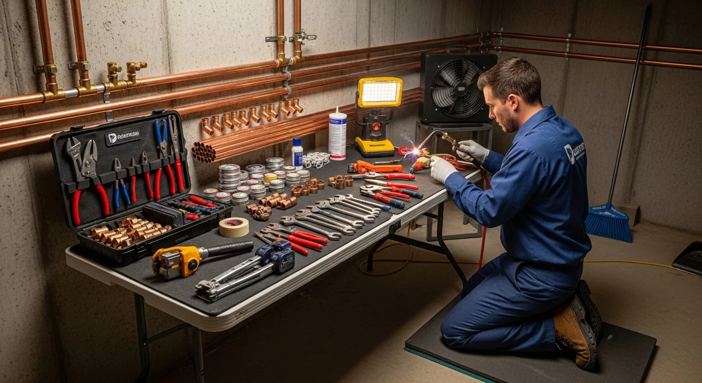 Professional pipe installation Chicago service showing licensed plumber working on residential copper pipe system