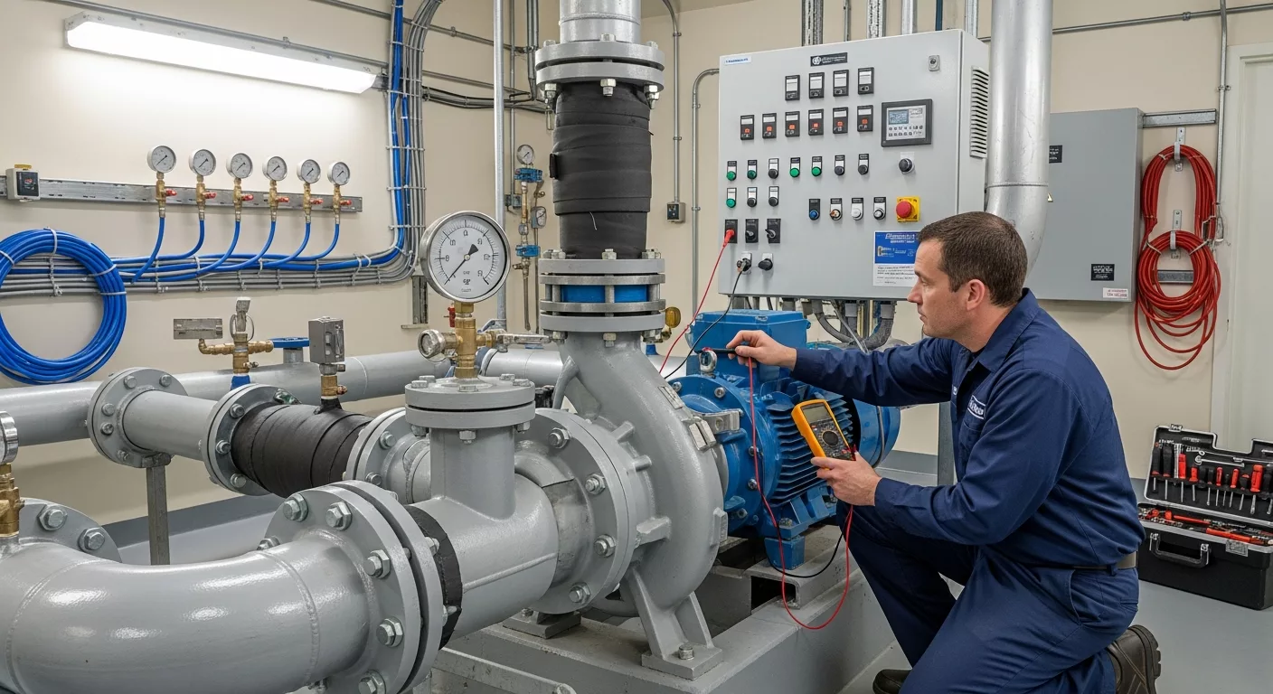 Licensed plumber performing pump repair services on commercial equipment in Chicago facility