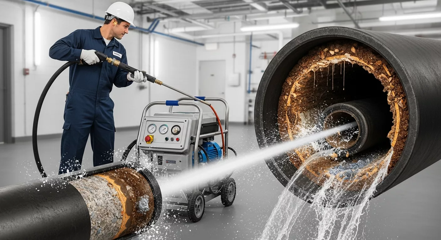 Professional hydro jetting equipment used for thorough sewer line cleaning services