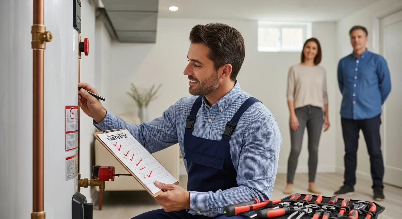 Licensed plumber performing plumbing maintenance tips on residential water heater