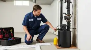 Professional plumber inspecting sump pump system for basement flooding prevention in Chicago home