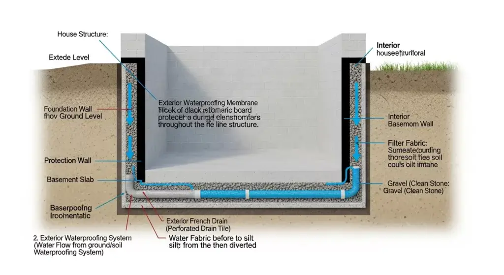 Comprehensive foundation drainage solutions and basement waterproofing systems diagram showing proper water management