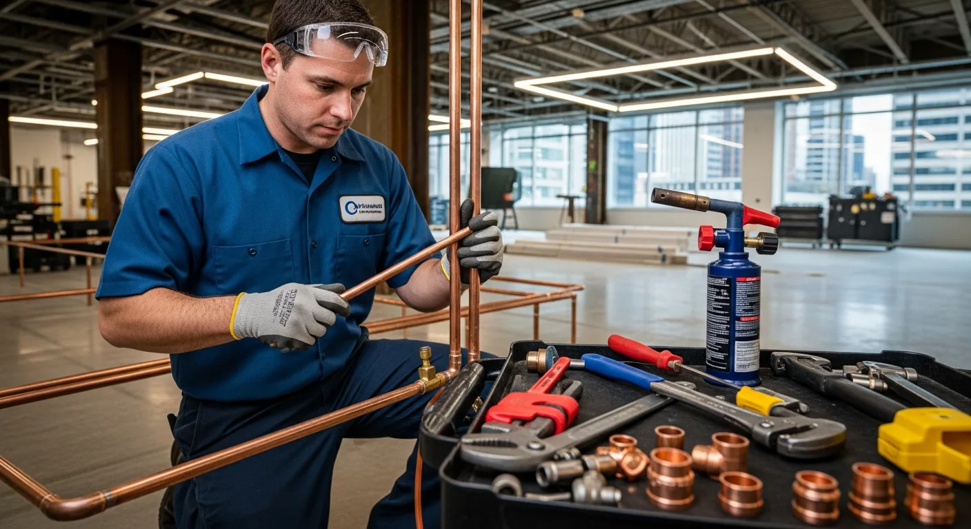 Professional pipe installation Chicago - licensed plumber installing copper pipes in commercial building