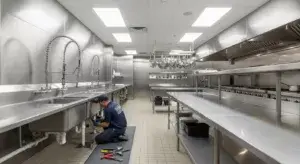 Commercial kitchen plumbing professional performing maintenance on restaurant drain system