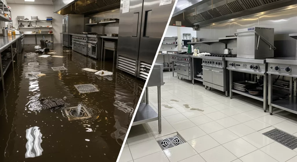 Before and after emergency drain cleaning Chicago commercial kitchen flooding repair