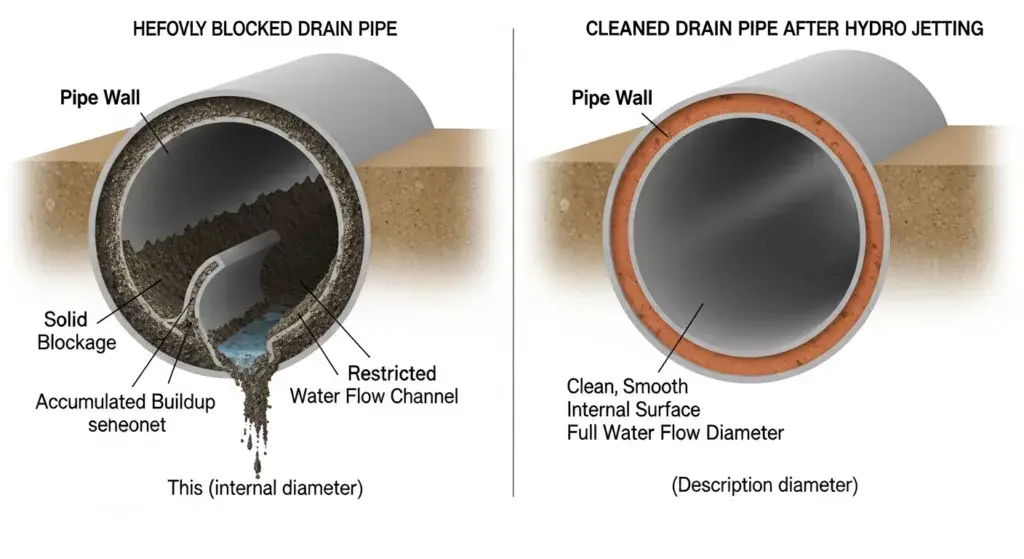Before and after drain pipe condition showing hydro jetting effectiveness vs traditional snake cleaning results