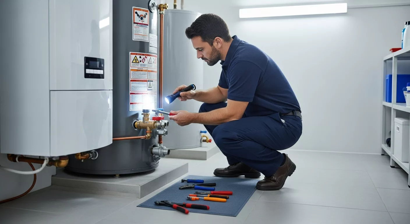 Professional water heater maintenance service showing technician checking safety valve
