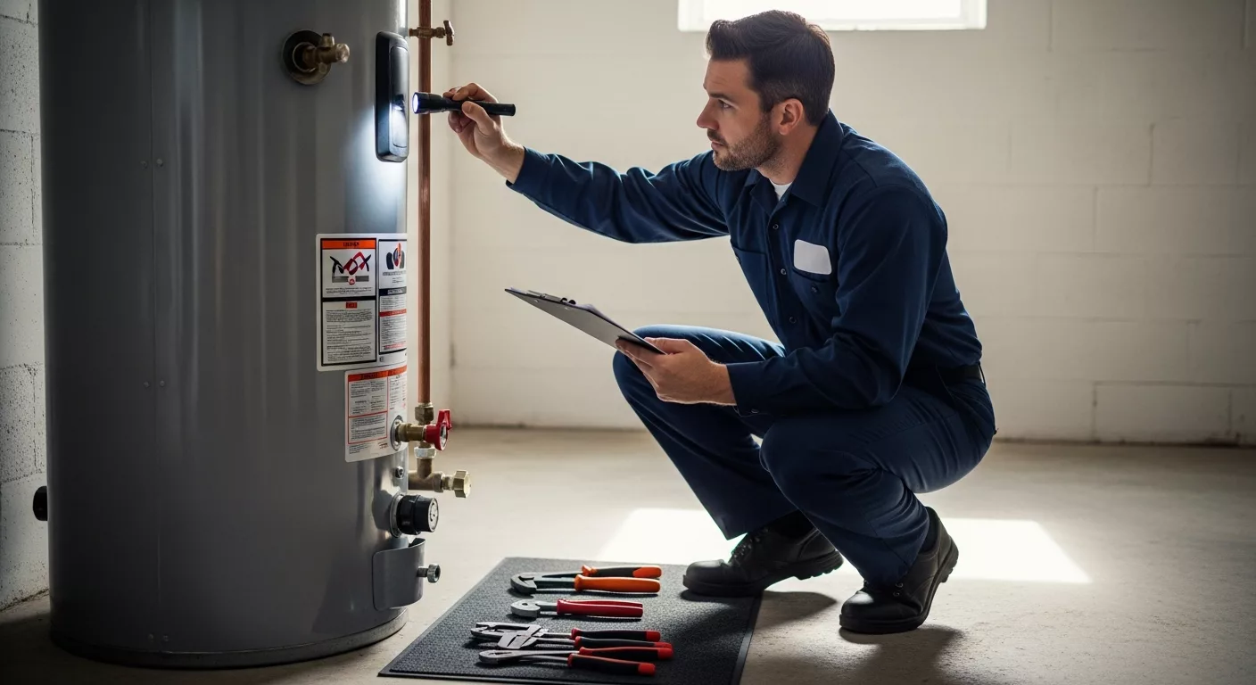 Licensed plumber inspecting water heater for repair vs replacement decision in Chicago home