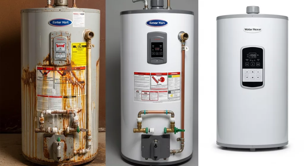 Water heater repair vs replacement comparison showing old versus new installation