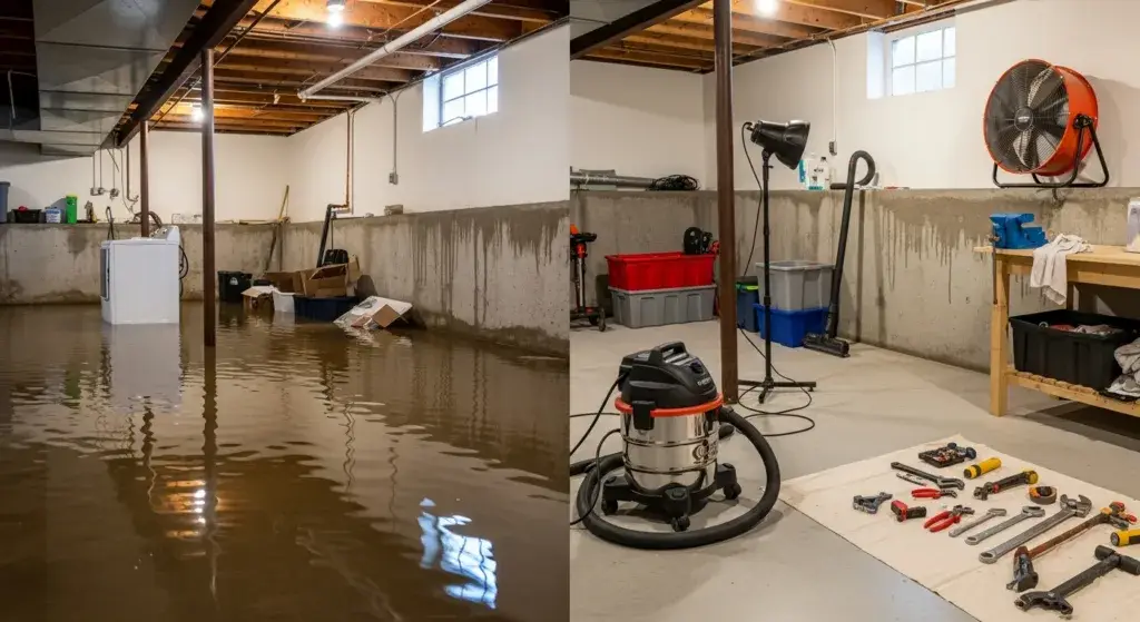 Before and after emergency plumbing repair showing professional same day plumbing service results