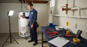 Professional water heater maintenance service being performed by licensed technician