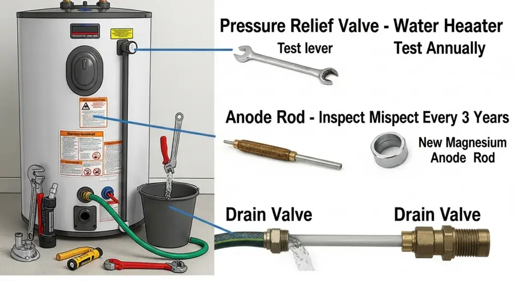 Water heater maintenance checklist components including pressure relief valve and anode rod