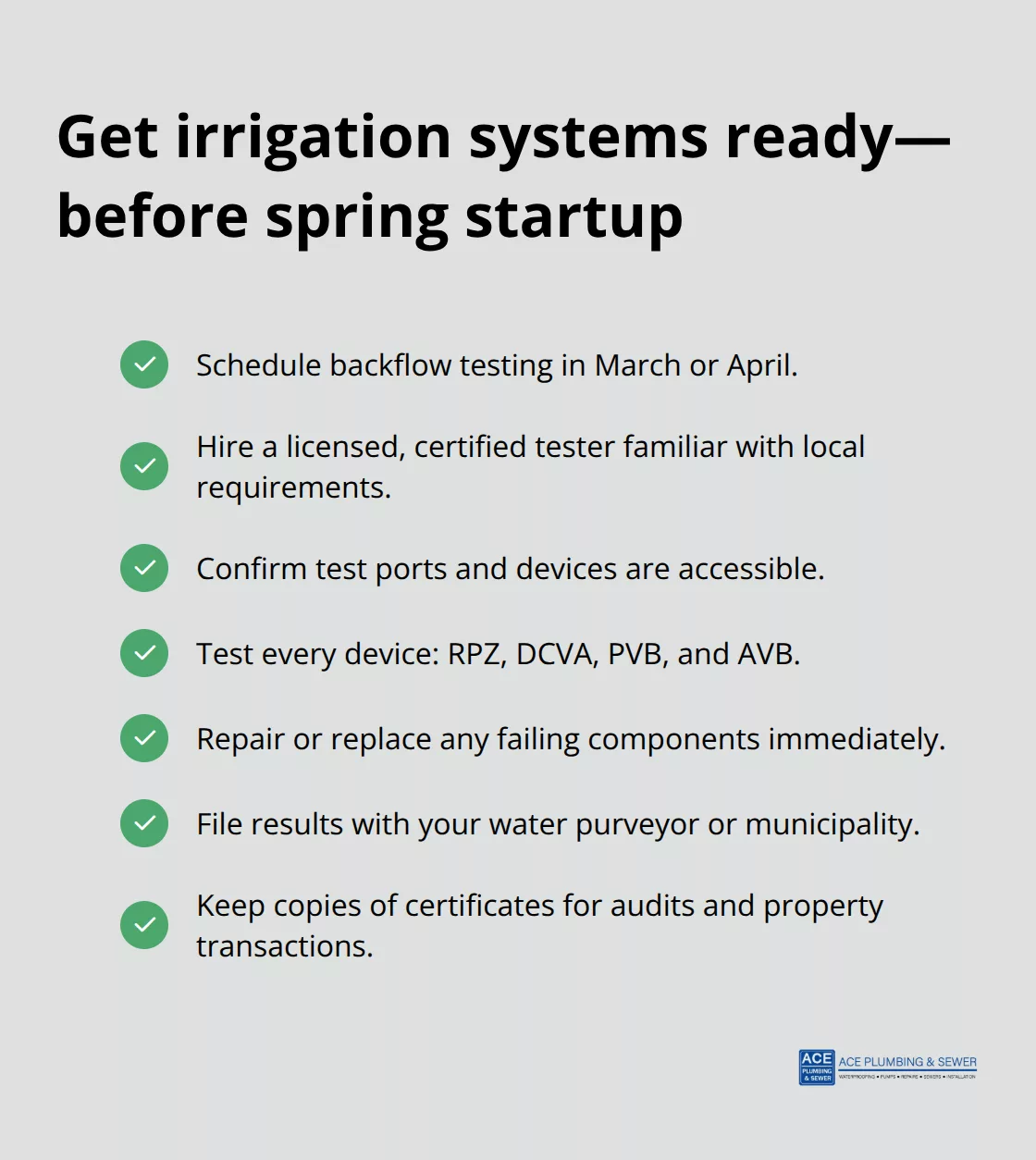 Checklist of actions to prepare irrigation systems and stay compliant before the season - Backflow testing Hinsdale