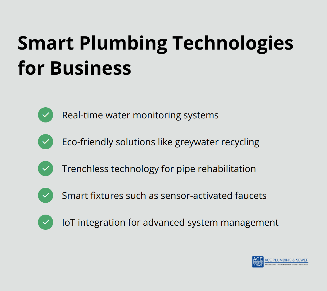 Checklist of smart plumbing technologies including real-time monitoring, eco-friendly solutions, trenchless technology, smart fixtures, and IoT integration - Brookfield commercial plumber