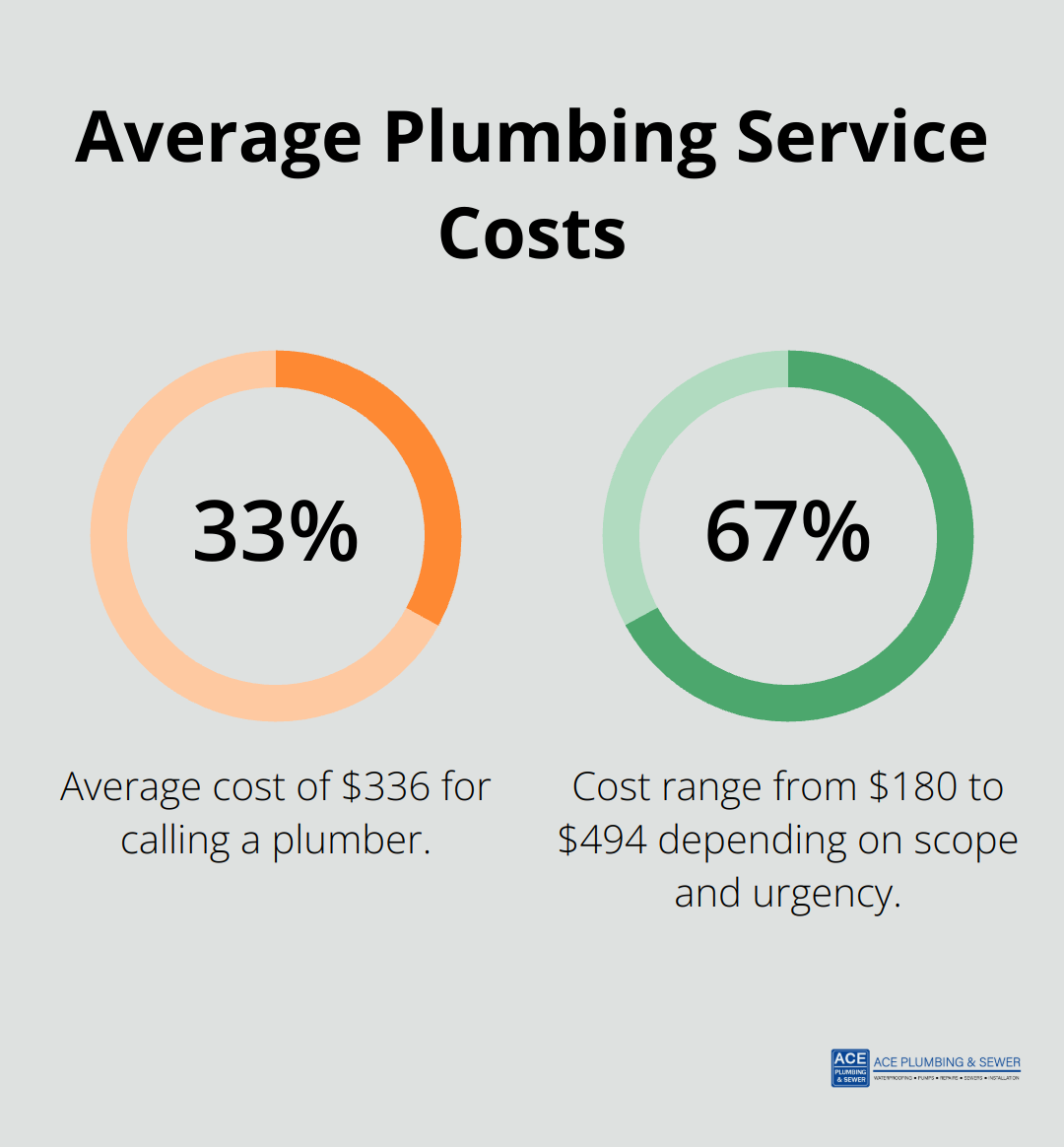 Pie chart showing average plumbing service costs: 33% for $336 average cost, 67% for the range between $180 and $494 - Countryside residential plumber