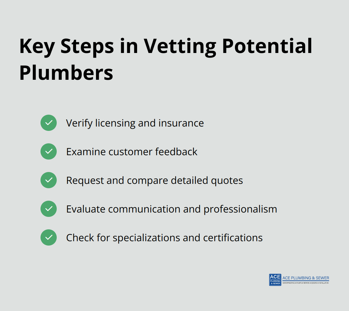 Checklist of key steps for vetting potential plumbers: verify licensing and insurance, examine customer feedback, request and compare detailed quotes, evaluate communication and professionalism, check for specializations and certifications