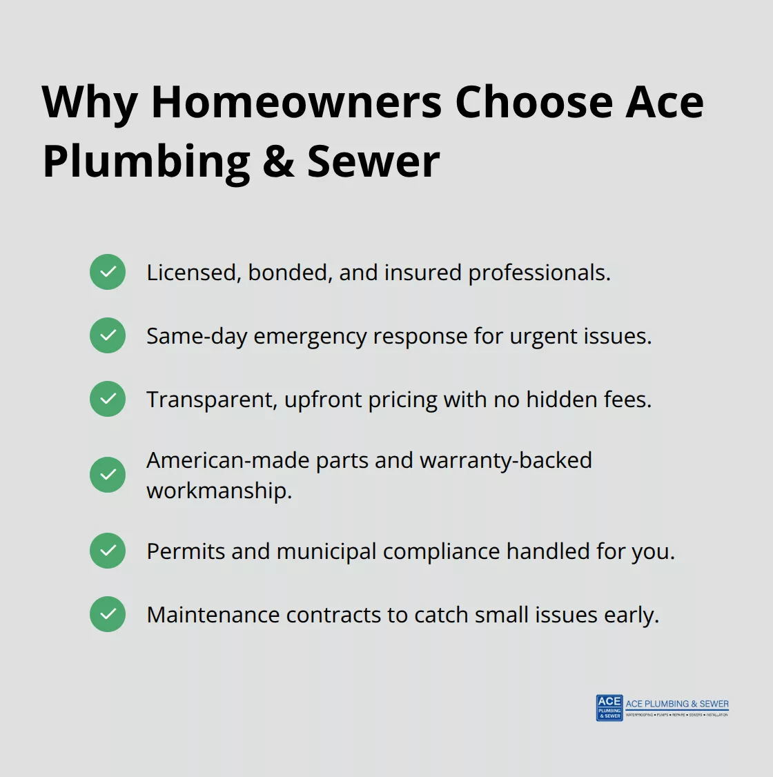 Checklist of service benefits Ace Plumbing & Sewer provides to Indian Head Park homeowners. - Indian Head Park plumber