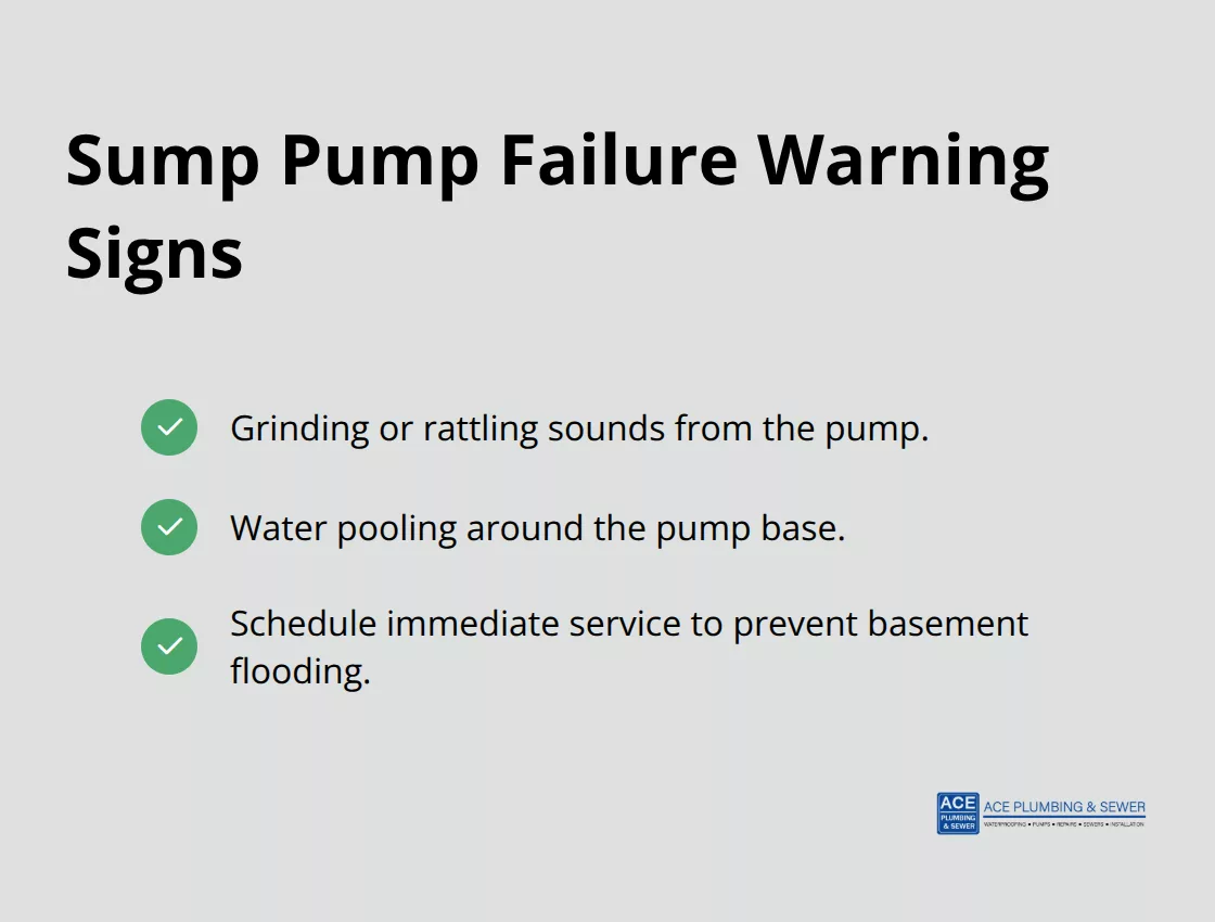 Checklist of common sump pump failure warning signs and the immediate action to take.