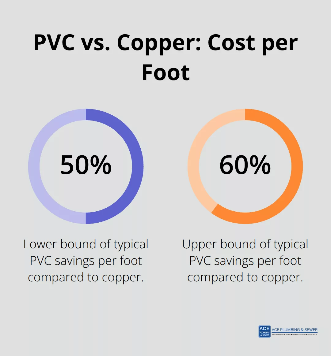 Chart showing PVC pipe costs roughly 50–60% less per foot than copper.