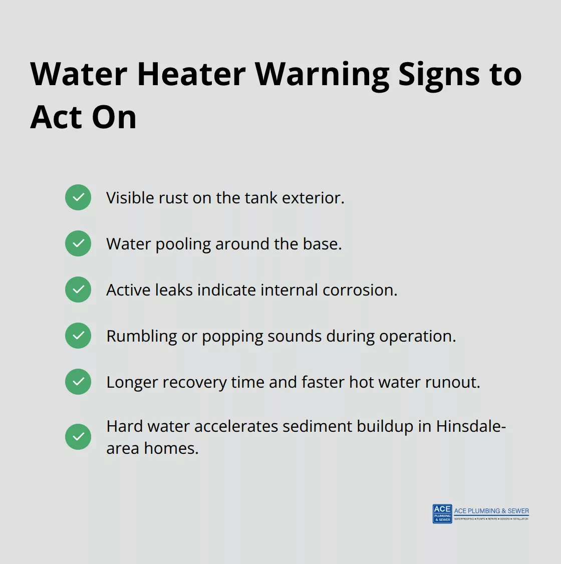 Checklist of common water heater warning signs including rust, leaks, sediment noises, longer recovery time, and hard water impacts.