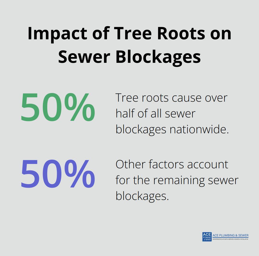 Pie chart showing that tree roots cause over 50% of all sewer blockages in the United States - drain cleaning
