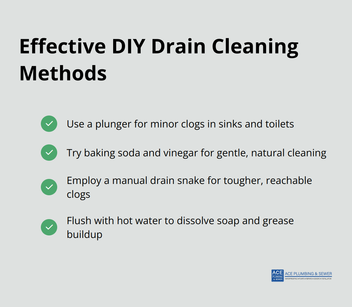 Checklist of DIY drain cleaning methods including plunger, baking soda and vinegar, manual drain snake, and hot water flush