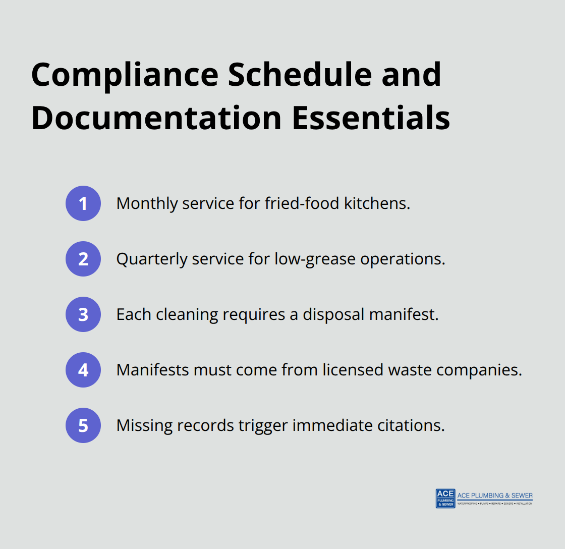 Compact list summarizing monthly vs. quarterly service and mandatory manifest documentation. - grease trap cleaning La Grange