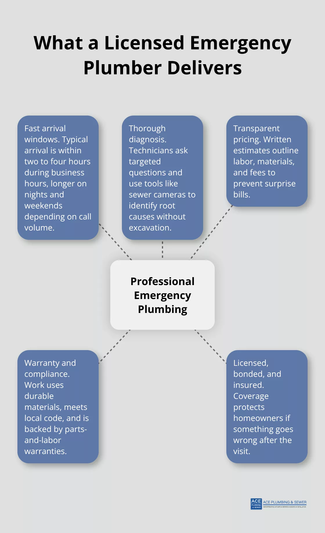 Hub-and-spoke diagram of professional emergency plumbing services and protections in the U.S. - residential plumbing emergency services