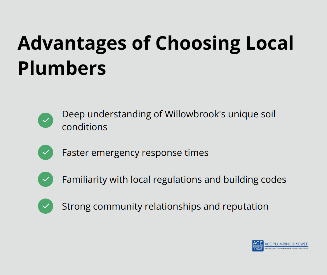 Checkmark list showing benefits of local plumbers: soil knowledge, fast response, local regulations expertise, and community trust