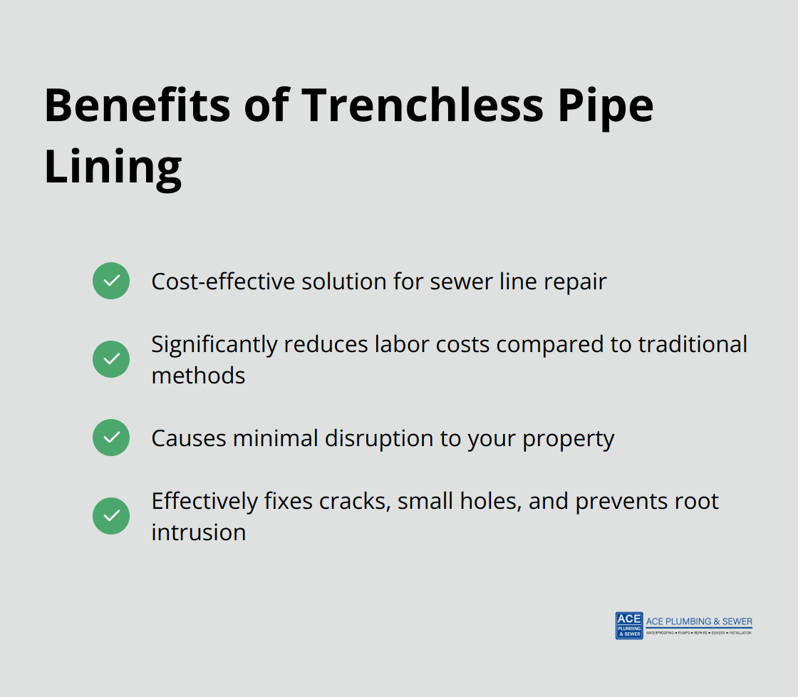 Checkmark list showing four benefits of trenchless pipe lining: cost-effectiveness, reduced labor costs, minimal property disruption, and suitability for various pipe issues