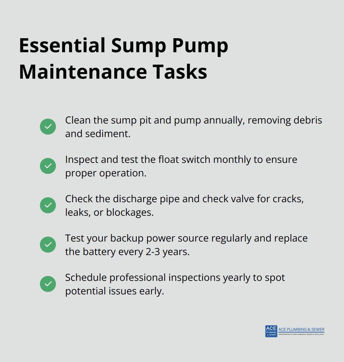 A checklist of key maintenance tasks for sump pumps, including cleaning, testing, and inspecting various components. - sump pump maintenance guide