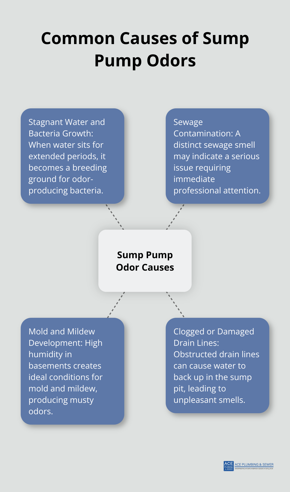 A hub and spoke chart illustrating the main causes of sump pump odors: stagnant water and bacteria growth, sewage contamination, mold and mildew development, and clogged or damaged drain lines.