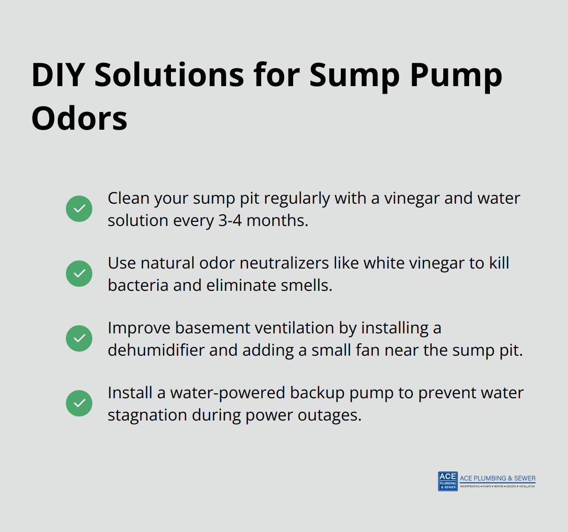 A checklist of DIY solutions to eliminate sump pump odors, including regular cleaning, using natural odor neutralizers, improving ventilation, and installing a backup pump.